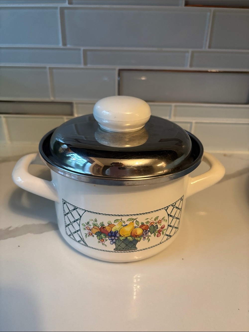Vintage Villery & Boch basket enamel pot with lid, Germany